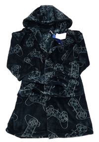 Nové - tmavomodrý plyšový župan s ovladači - PlayStatiton a kapucňou zn. Next