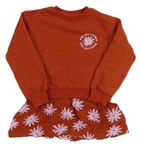 Rezavá teplákovo/lehká šatová tunika s květy a nápisy L&D