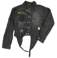 Tmavošedá lehká riflová crop halenka s našitými obrázky coolcat