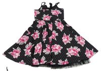 Černé puntíkaté cargo plátěné šaty s růžemi a mašlemi Matalan