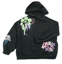 Černá mikina s graffiti nápisy a květy a kapucí Next