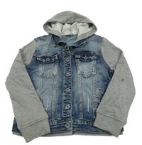 Tmavomodro-šedá riflovo/tepláková bunda s kapucí 