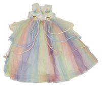 Bílo-barevné saténovo/tylové šaty s 3D květy s perlami - jednorožec