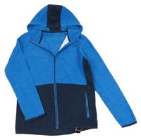 Nové - modro-tmavomodrá melírovaná fleecová propínací mikina s výšivkou a kapucí St. Bernard