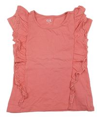 Korálové melírované tričko s volániky s madeirou C&A