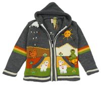 Nové - tmavošedo-barevný pletený propínací svetr se zvířátky a sluníčkem a kapucí Pride of Peru