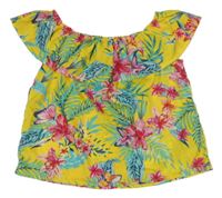 Tmavožlutý halenkový crop top s květy a motýlky a lístečky a volánkem PRIMARK