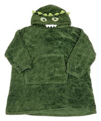 Khaki plyšová oversize domácí mikina s kapsou a kapucí - dinosaurus Nutmeg