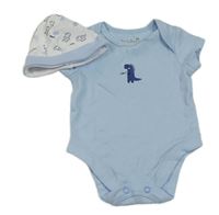 2set - Svetlomodré body s dinosaurem + biela bavlnená čapica s dinosaurami