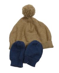 2set - Hnědá pletená čepice s bambulí + tmavomodré rukavice