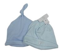 2x světlemodrá bavlněná čepice - žebrovaná + s výšivkou