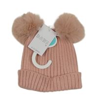 Nové - Starorůžová žebrovaná pletená čepice s bambulemi Matalan