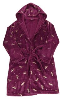 Vínový chlpatý župan s vážkami a kapucňou