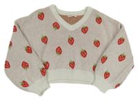 Smotanový crop sveter s jahodami Shein