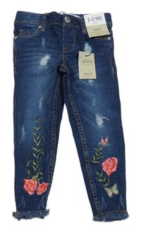 Nové - Tmavomodré skinny rifle s růžemi a prošoupáním Denim Co.