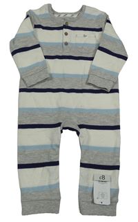 Nové - Šedo-bílo-modrý pruhovaný lněný overal s kapsou George