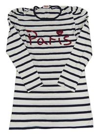 Bílo-tmavomodrá pruhovaná bavlněná šatová tunika s nápisem z flitrů Yigga