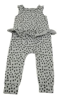 Sivý melírovaný vzorovaný bavlnený nohavicový overal s volánem My K