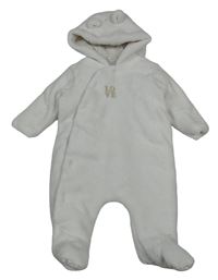 Biela chlpatá zateplená kombinéza s nápisom a kapucňou Mothercare