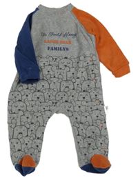 Sivo-modro-oranžový fleecový overal s medveďmi