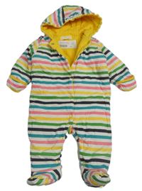 Žlto-bielo-farebná pruhovaná tepláková zateplená kombinéza s kapucňou