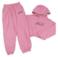 2 set - růžová crop mikina s nápisem a kapucí + tepláky 
