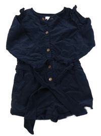 Tmavomodrý manšestrový kraťasový overal s páskem Vertbaudet