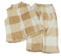 2set - béžovo-biela kockovaná chlpatá vesta + kockované chlpaté nohavice