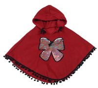 Červené fleecové pončo s bambulemi a mašlí z flitrů a kapucňou