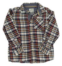 Bílo-tmavomodro-okrovo-červená kostkovaná flanelová košile Tu