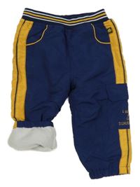 Tmavomodro-hořčicové šusťákové zateplené kalhoty s pruhy 