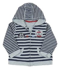 Tmavomodro-svetlomodrá pruhovaná prepínaci mikina s autami a kapucňou George