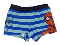 Modré pruhované nohavičkové plavky so Spidermanem