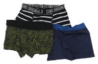 3set - 3x boxerky - tmavomodré + tmavomodré pruhované + khaki-černé s nápisy 