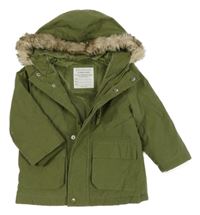 Khaki šušťáková zateplená bunda s kapucňou s kožešinou Primark