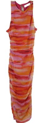 Dámské růžovo-oranžové vzorované tylové řasené midi šaty Primark vel. 32