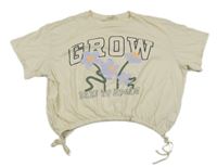 Béžové crop tričko s nápisom a kvietkami H&M