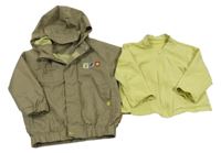 2set- béžová kostkovaná šusťáková jarní bunda s nášivkami a kapucí+ žlutá propínací mikina 