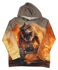 Béžovo-oranžová športová mikina s dinosaurom a kapucňou