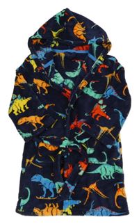 Tmavomodrý chlpatý župan s dinosaurami a kapucňou