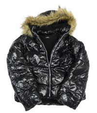 Černá lesklá zimní bunda s kožešinou a kapucí 