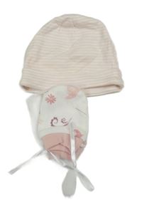 2set - Světlerůžovo-bílá pruhovaná čepice + květované rukavice 