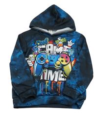 Tmavomodrá batikovaná mikina s potlačou a kapucňou Shein