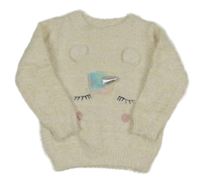 Bielo-zlatý trblietavý chlpatý sveter s čumákem - jednorožec Nutmeg