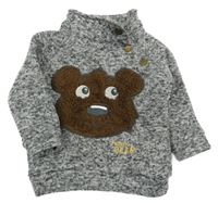 Sivá melírovaná pletená mikina s medvěďom a stojačikom