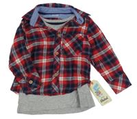 Nové - 2set Červeno-tmavomodrá kockovaná košile + sivé tričko Rebel