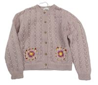 Světlerůžový propínací svetr s dirkovaným vzorem a  květy Next