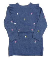 Tmavomodrý dlhý sveter s kvietkami a volánikmi Primark