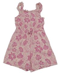 Světlerůžový bavlněný kraťasový overal s květy Primark