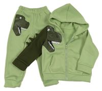 2set - Zelená propínací mikina s kapucí a dinosaurem + kalhoty 